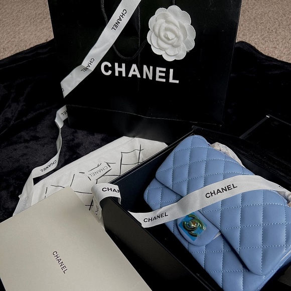 CHANEL Other - CHANEL Lambskin Quilted Mini Rectangular Flap Light Blue